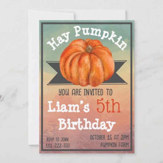 Hay Pumpkin Fall Birthday Party Invitation 招待状 (正面)