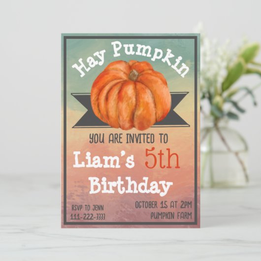 Hay Pumpkin Fall Birthday Party Invitation 招待状 (スタンド正面)