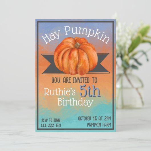 Hay Pumpkin Fall Birthday Party Invitation 招待状 (スタンド正面)