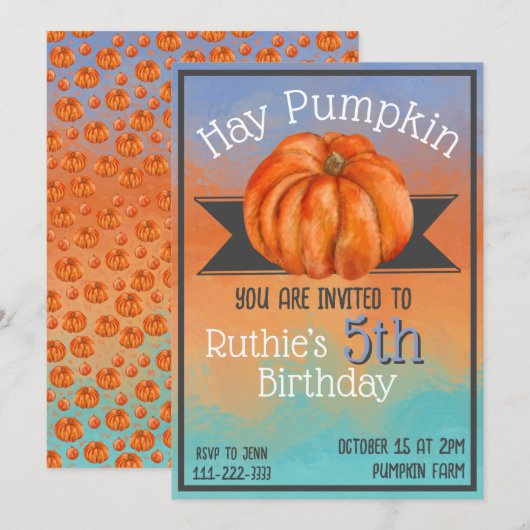 Hay Pumpkin Fall Birthday Party Invitation 招待状 (正面/裏面)