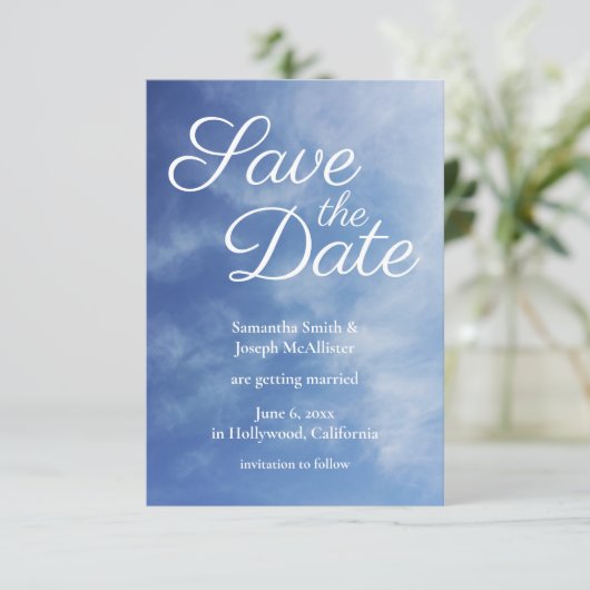 Hazy Clouds Blue Sky Photo Save the Date 招待状 (スタンド正面)