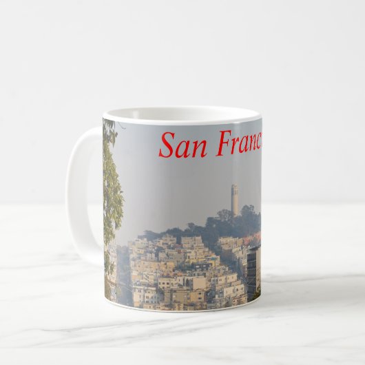 Hazy Coit Tower、San Fancisco、カリフォルニア コーヒーマグカップ (正面左)