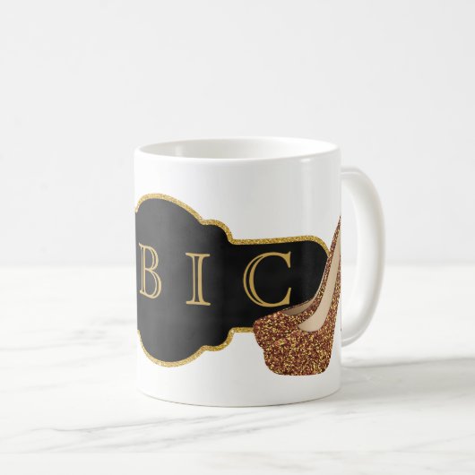 HBICのボスの女性|シックで黒い金ゴールドのグリッターの靴 コーヒーマグカップ (正面右)