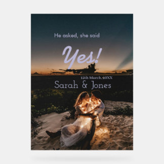 He asked she said yes engagement simple photo blue アクリルサイン