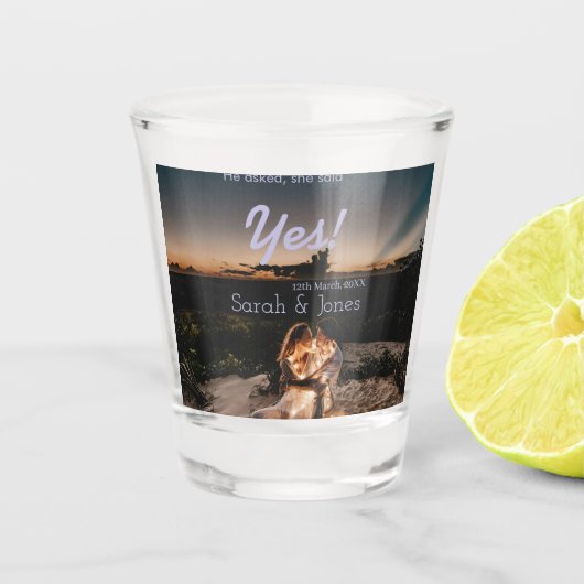 He asked she said yes engagement simple photo blue ショットグラス (正面)