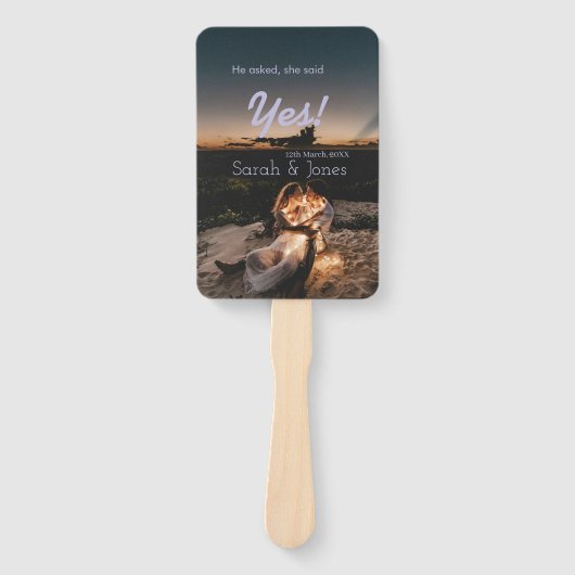 He asked she said yes engagement simple photo blue ハンドファン (正面)