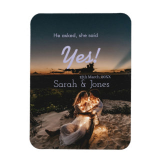 He asked she said yes engagement simple photo blue マグネット