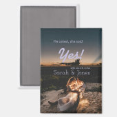 He asked she said yes engagement simple photo blue マグネット (正面/裏面)