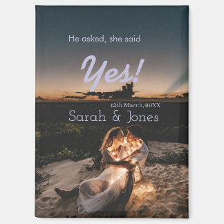 He asked she said yes engagement simple photo blue マグネット