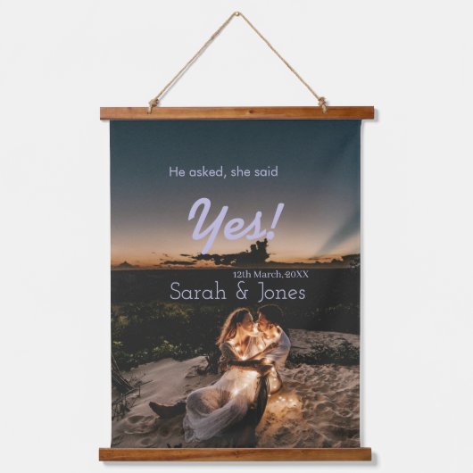 He asked she said yes engagement simple photo blue 吊り下げ型タペストリー (正面)