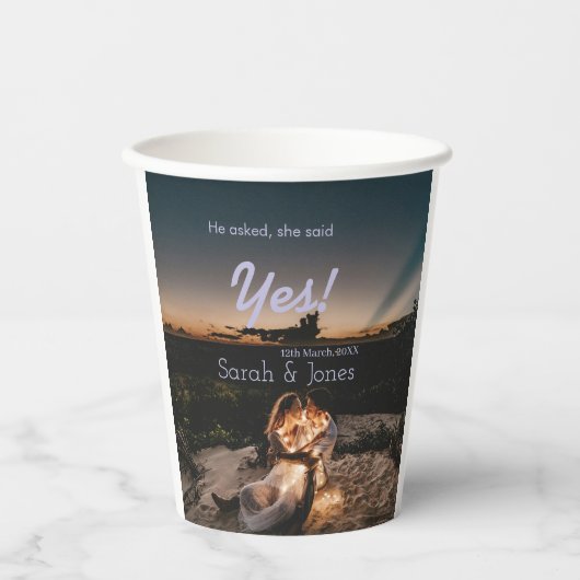 He asked she said yes engagement simple photo blue 紙コップ (正面)