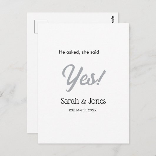 He asked she said yes engagement simple silver dat ポストカード (正面/裏面)