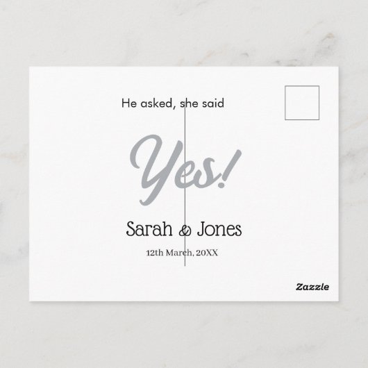 He asked she said yes engagement simple silver dat ポストカード (裏面)