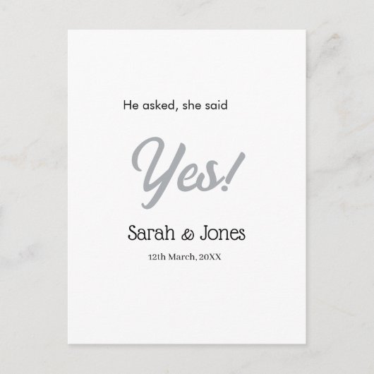 He asked she said yes engagement simple silver dat ポストカード (正面)