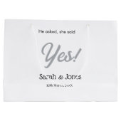 He asked she said yes engagement simple silver dat ラージペーパーバッグ (裏面)
