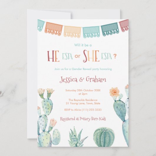 He-Esta She-ESTAジェンダーが赤ちゃんシャワーフェスタを明らかにする 招待状 (正面)