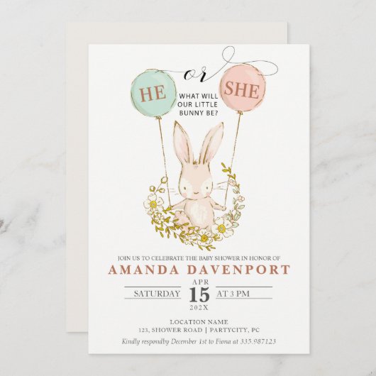 He/He Bunny Balloonsの性別表示招待状 招待状 (正面/裏面)