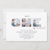 He is ONE of a Kind Photo Navy Blue First Birthday 招待状 (正面)