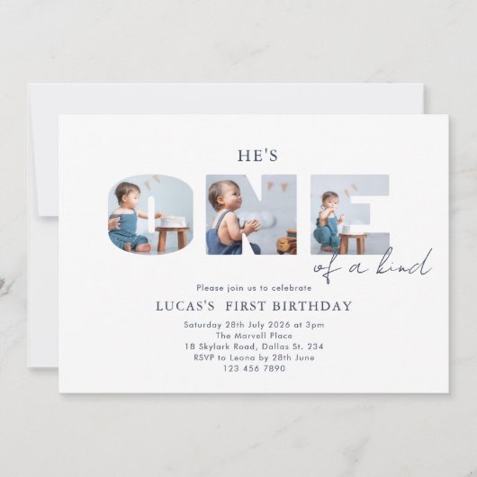 He is ONE of a Kind Photo Navy Blue First Birthday 招待状 (正面)