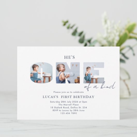 He is ONE of a Kind Photo Navy Blue First Birthday 招待状 (スタンド正面)