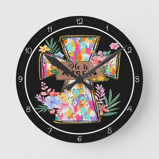 He Is Risen Cross Design ラウンド壁時計 (正面)