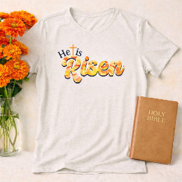 He Is Risen Cross Orange Floral Lettering Easter  トライブレンドＴシャツ
