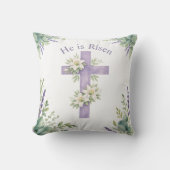 He is Risen Easter 2026 Floral Cross Religious クッション (正面)