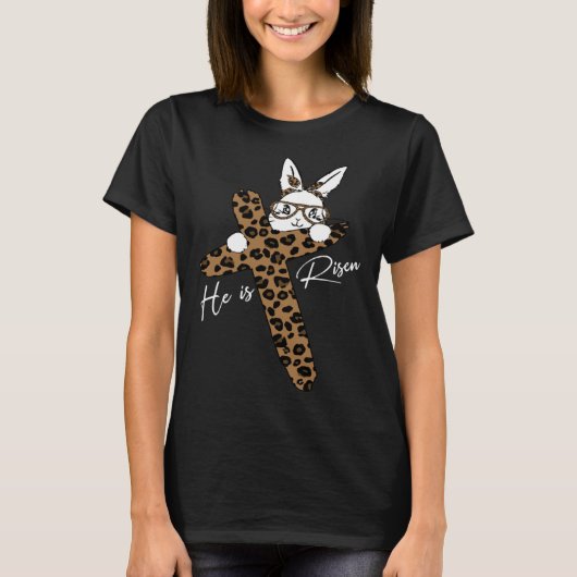 He Is Risen Easter Day Bunny Leopard Jesus Cross R Tシャツ (正面)