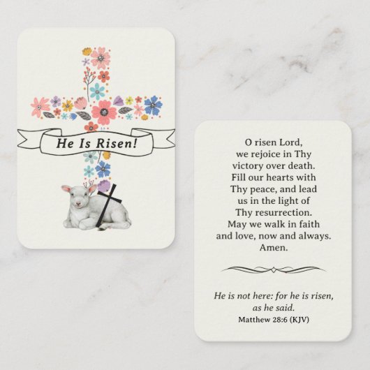 He Is Risen Easter Prayer Card Floral Cross Lamb プレイスカード (正面/裏面)