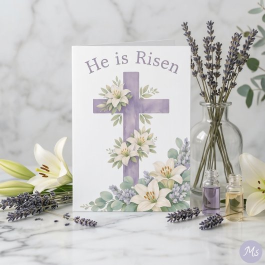 He is Risen Easter Sunday 2026 Floral Cross カード