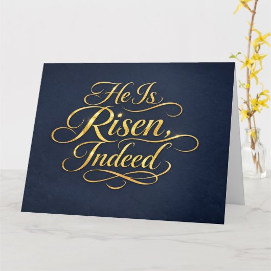 He Is Risen – Elegant Gold Script Easter カード (黄色い花)