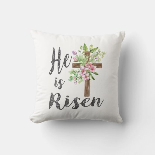 He is Risen Floral Cross Vintage Happy Easter T-Sh クッション (正面)