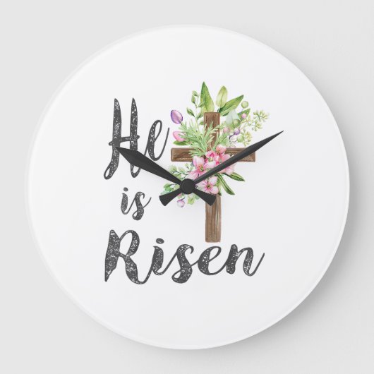 He is Risen Floral Cross Vintage Happy Easter T-Sh ラージ壁時計 (正面)