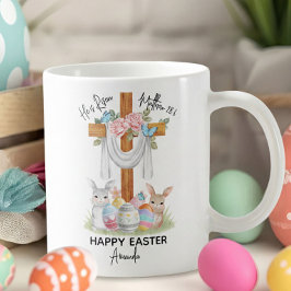 He is Risen Happy Easter Gift with Cross & Bunnies コーヒーマグカップ