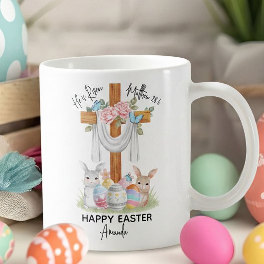 He is Risen Happy Easter Gift with Cross & Bunnies コーヒーマグカップ