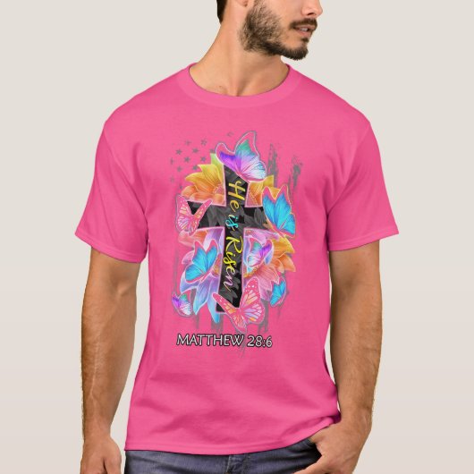 He Is Risen Jesus Christian Cross Butterfly Americ Tシャツ (正面)