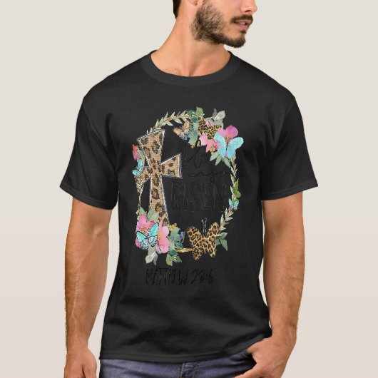 He Is Risen Jesus Christian Floral Leopard Cross B Tシャツ (正面)