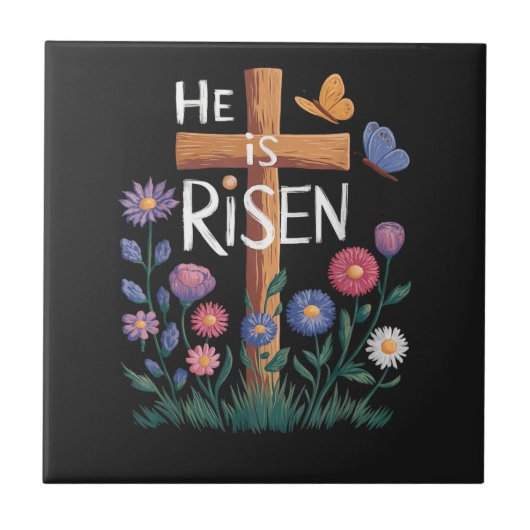 He Is Risen Jesus Floral Christian Easter タイル (正面)