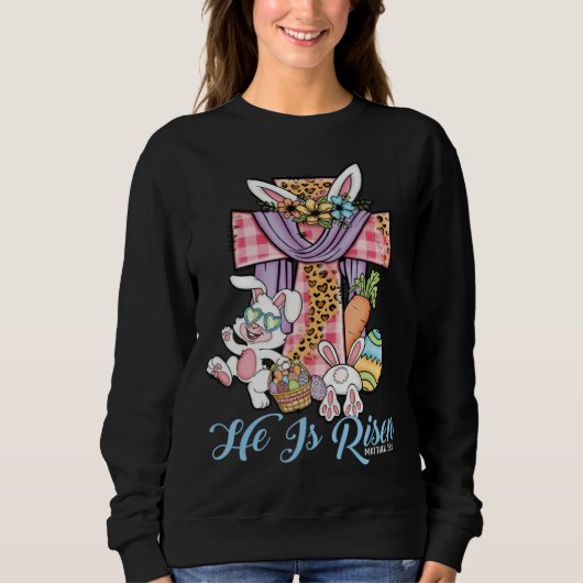 He is Risen Kids Leopard Cross Bunny Happy Easter  スウェットシャツ (正面)