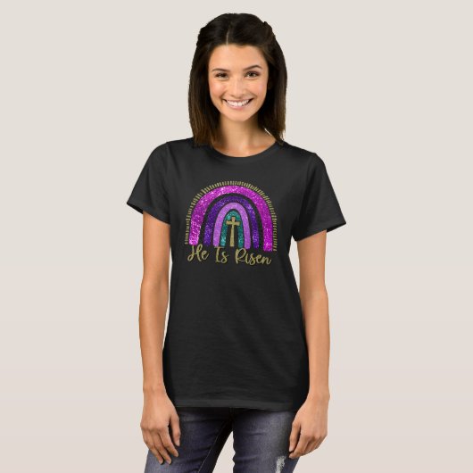 He Is Risen Rainbow Christian Jesus Happy Easter D Tシャツ (正面フル)