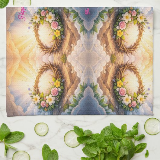 He Is Risen Religious Floral Crown Easter キッチンタオル (折り畳み)