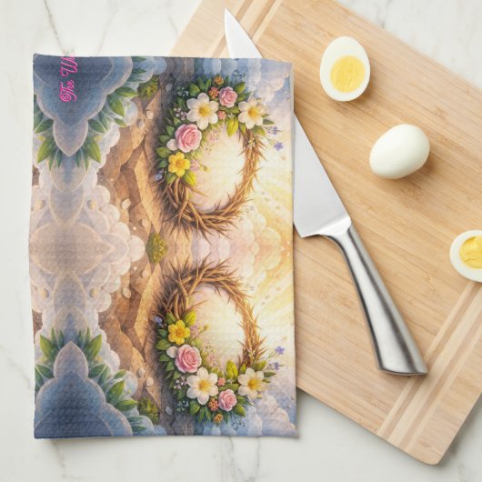 He Is Risen Religious Floral Crown Easter キッチンタオル (四つ折り)