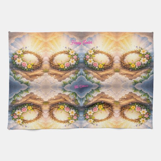 He Is Risen Religious Floral Crown Easter キッチンタオル (横)