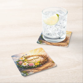 He Is Risen Religious Floral Crown of Thorns スクエアペーパーコースター