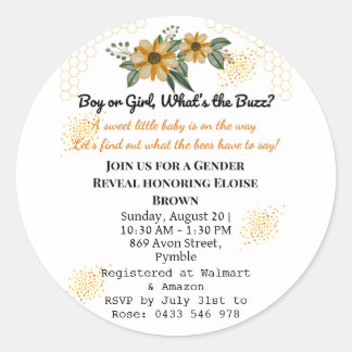 He or She Bee Yellow Floral Gender Reveal Party  ラウンドシール