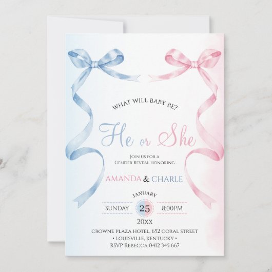 He or She Bow Gender Reveal  Invitation 招待状 (正面)