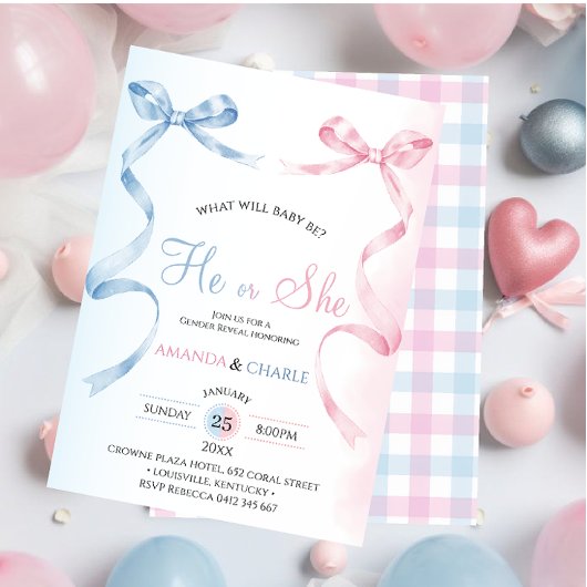 He or She Bow Gender Reveal  Invitation 招待状