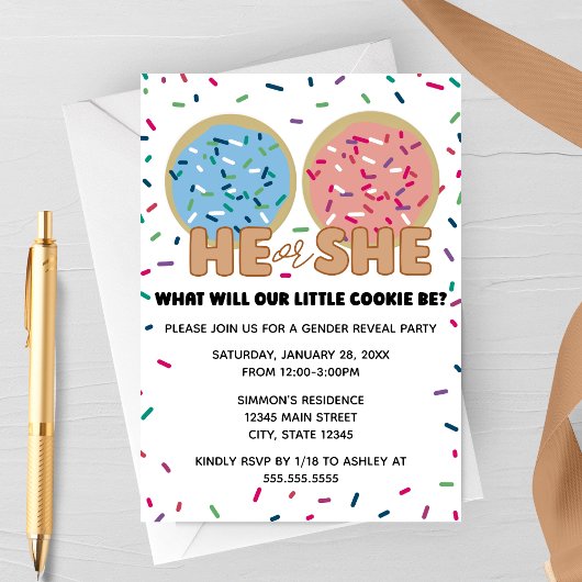 He or She Cookie Gender Reveal Party Invitation 招待状