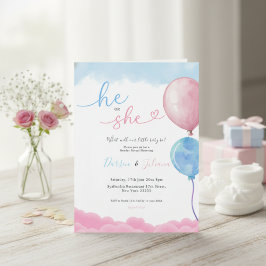He or She Cute Pink & Blue Balloons Gender Reveal 招待状
