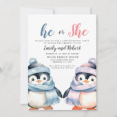 He or She, Gender Reveal, Baby Shower Penguin 招待状 (正面)